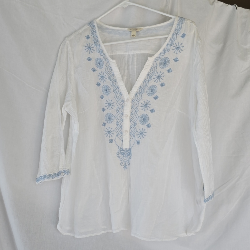 White Embroidered V-Neck Women's Top with Light Blue Detailing